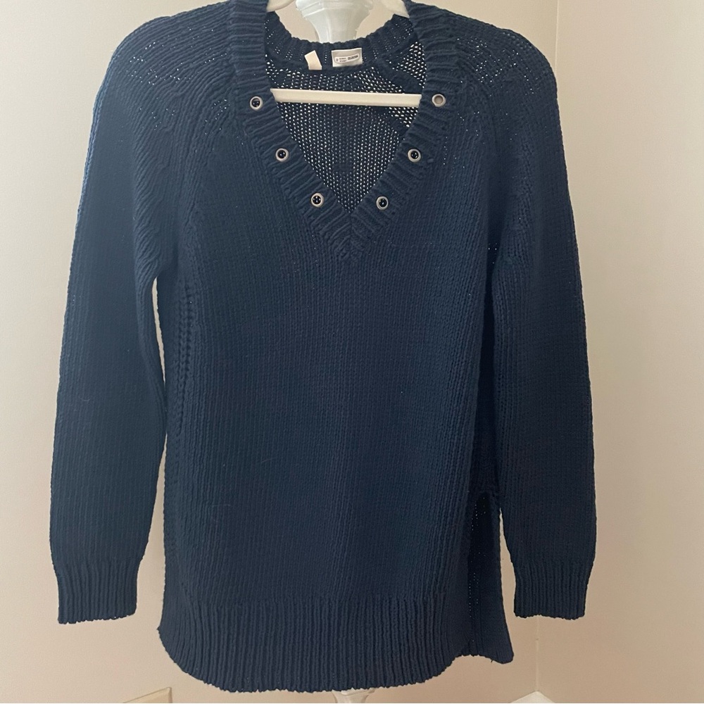 Moth Anthropologie Grommet V-Neck Pullover Tunic Sweater Navy Blue Size CS